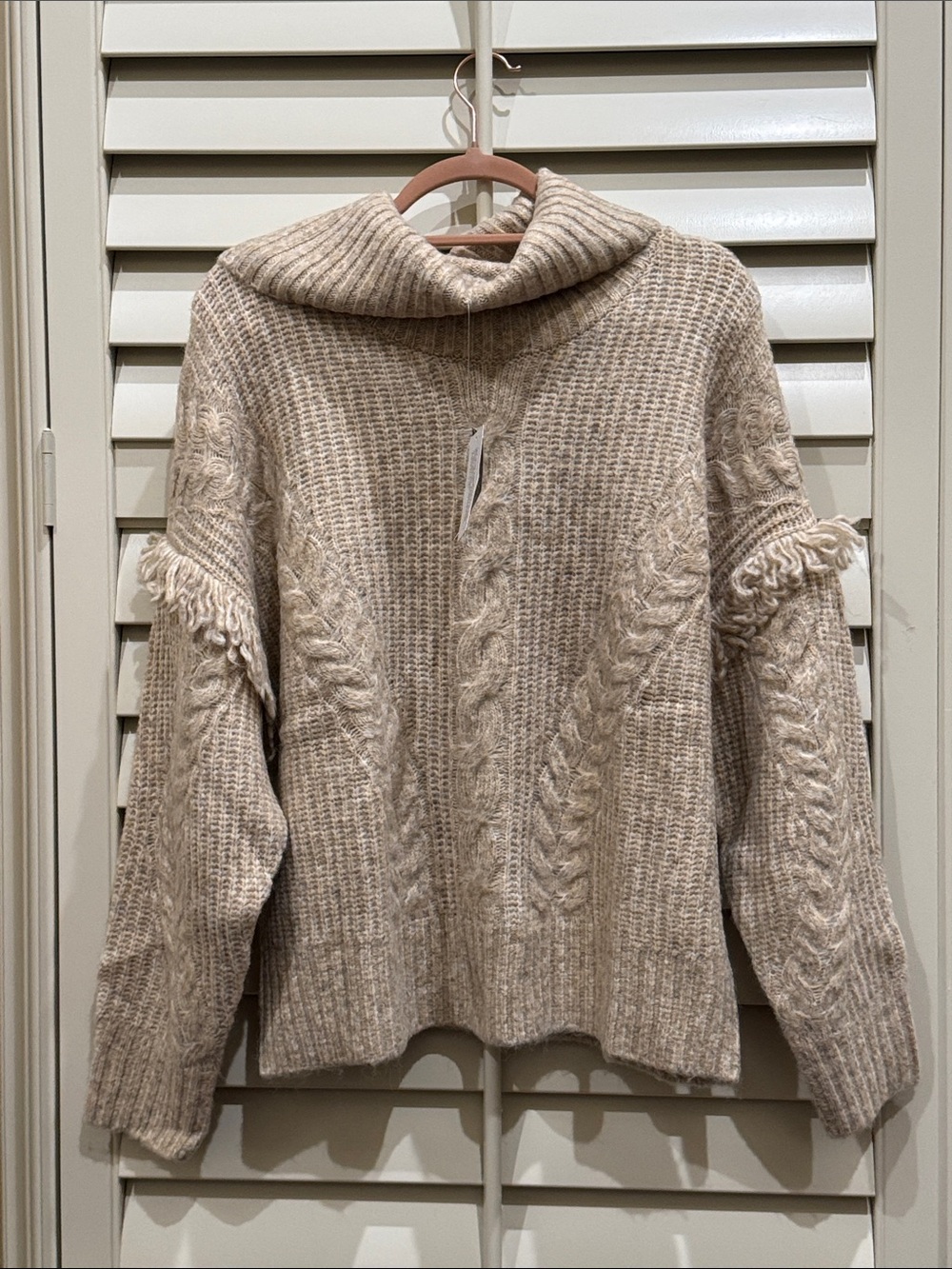 INC International Concepts Cream Cable-Knit Turtleneck Sweater with Fringe